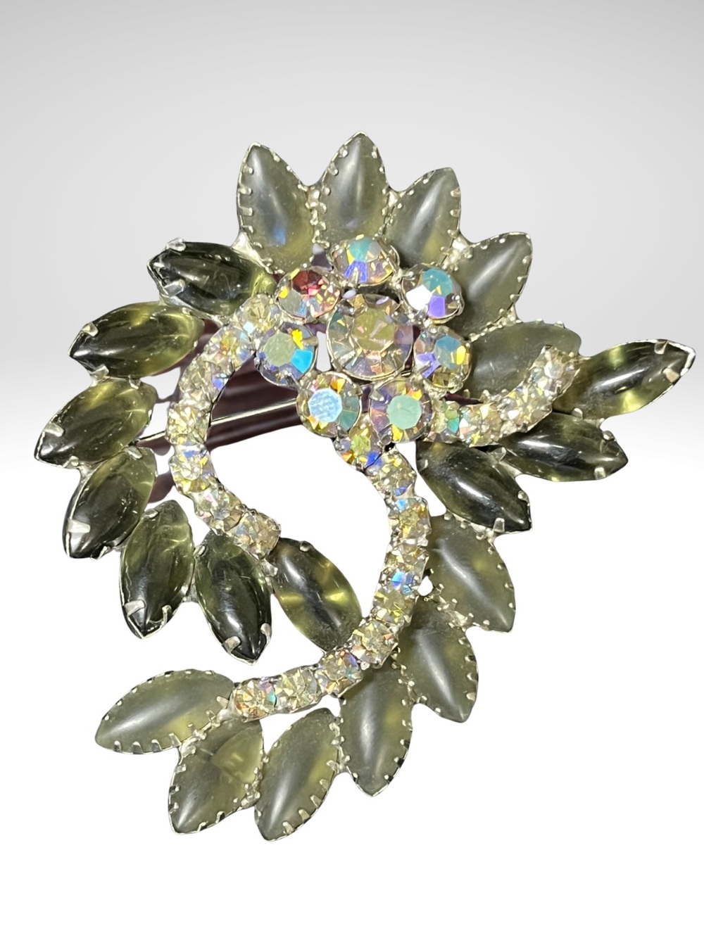 Vintage Juliana Brooch Black Diamond Smoky Gray Open Back Navette D&E 1765